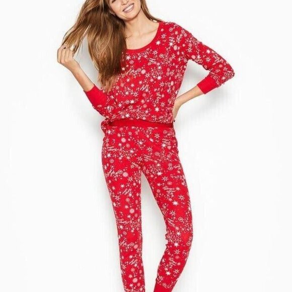 Victoria’s Secret Thermal Knit Pajama Set Large Long Red White Snow NWT - Picture 1 of 5